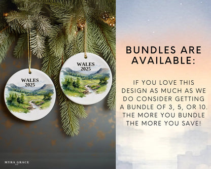 Custom Wales Cymru ceramic photo ornament with personalized message – handmade Christmas bauble, gift souvenir, or vacation keepsake. Bundles are available