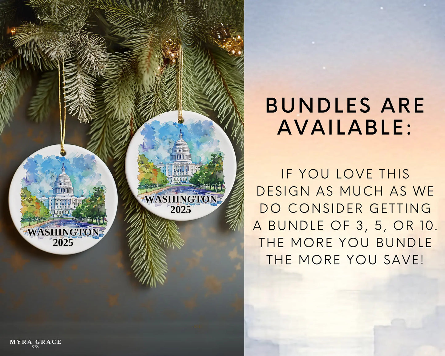 Custom Washington DC ceramic photo ornament with personalized message – handmade Christmas bauble, gift souvenir, or vacation keepsake. Bundles are available