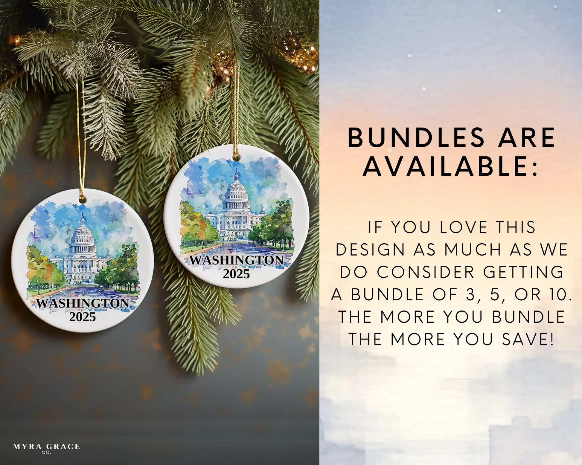 Custom Washington DC ceramic photo ornament with personalized message – handmade Christmas bauble, gift souvenir, or vacation keepsake. Bundles are available