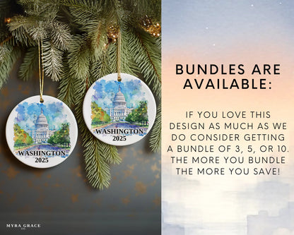 Custom Washington DC ceramic photo ornament with personalized message – handmade Christmas bauble, gift souvenir, or vacation keepsake. Bundles are available
