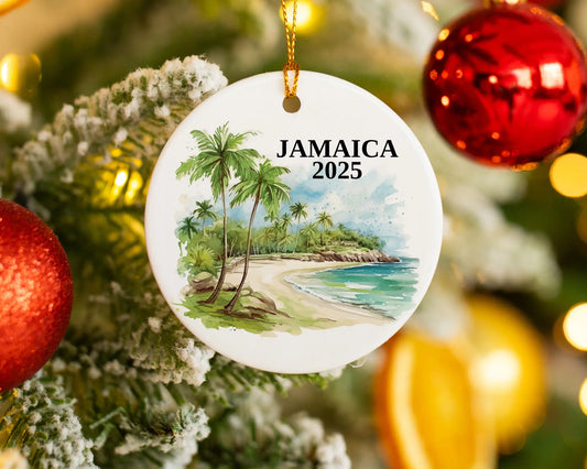Custom Jamaica ceramic photo ornament with personalized message – handmade Christmas bauble, gift souvenir, or vacation keepsake.  