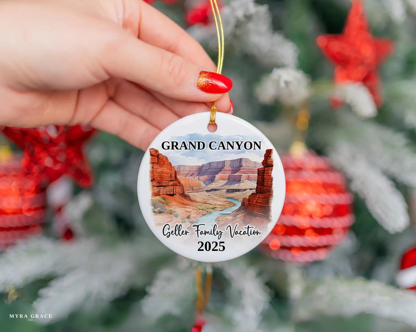 Custom vacation Grand Canyon ceramic photo ornament with personalized message – handmade Christmas bauble, gift souvenir, or vacation keepsake. 