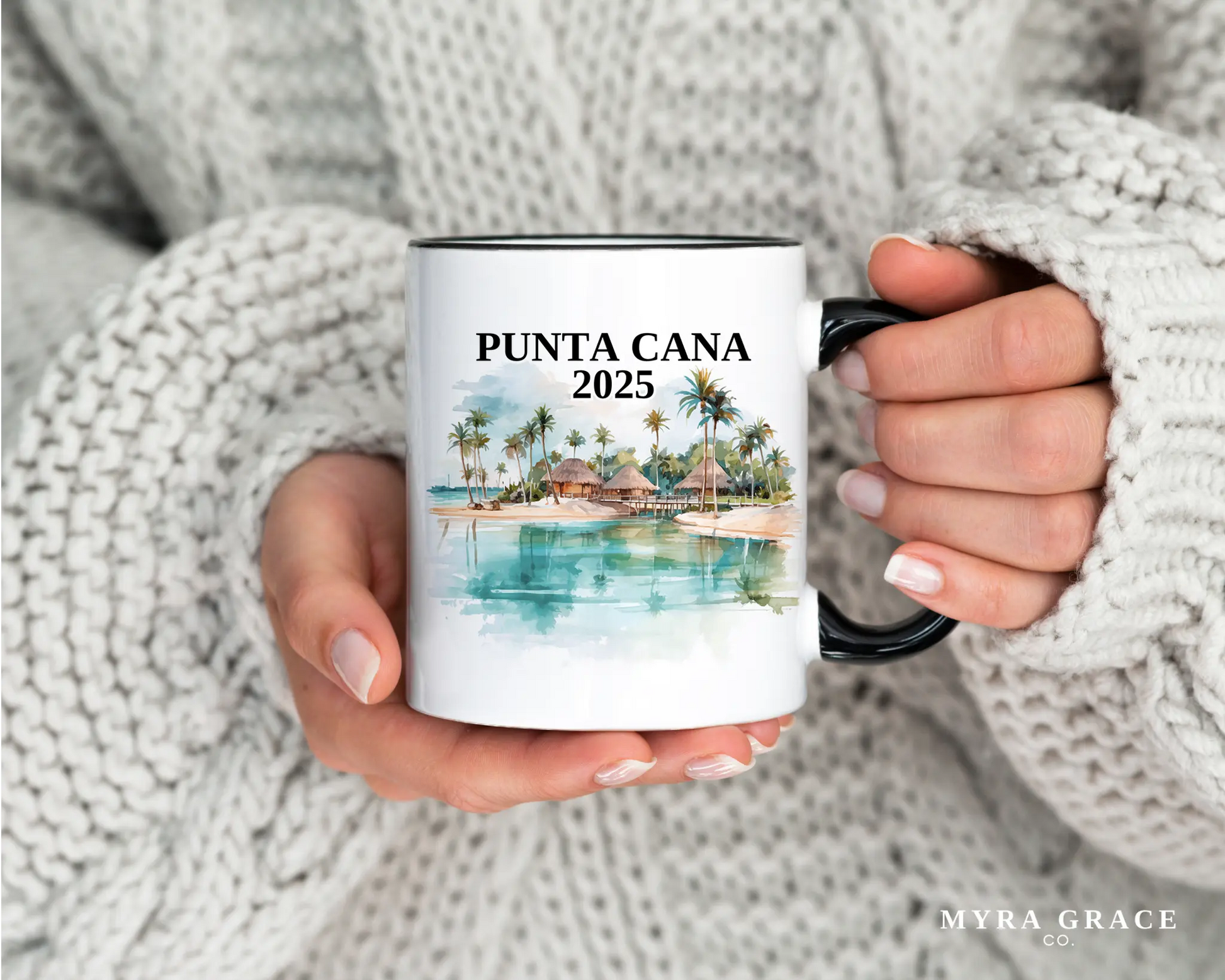 Custom ceramic Punta Cana vacation mug with watercolor location design, date, and personal photo – personalized travel gift or photo mug. 