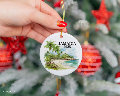 Custom Jamaica ceramic photo ornament with personalized message – handmade Christmas bauble, gift souvenir, or vacation keepsake.  