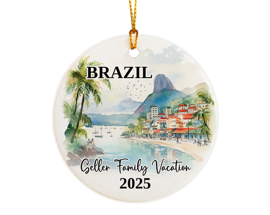Custom vacation Brazil ceramic photo ornament with personalized message – handmade Christmas bauble, gift souvenir, or vacation keepsake. 