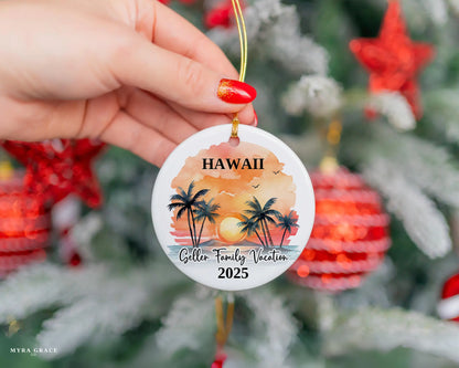 Custom vacation Hawaii ceramic photo ornament with personalized message – handmade Christmas bauble, gift souvenir, or vacation keepsake. 