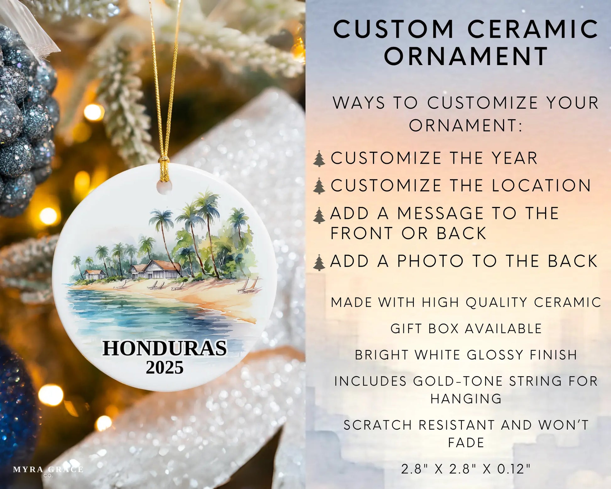 Custom Honduras ceramic photo ornament with personalized message – handmade Christmas bauble, gift souvenir, or vacation keepsake. Infographic