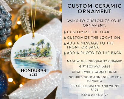 Custom Honduras ceramic photo ornament with personalized message – handmade Christmas bauble, gift souvenir, or vacation keepsake. Infographic
