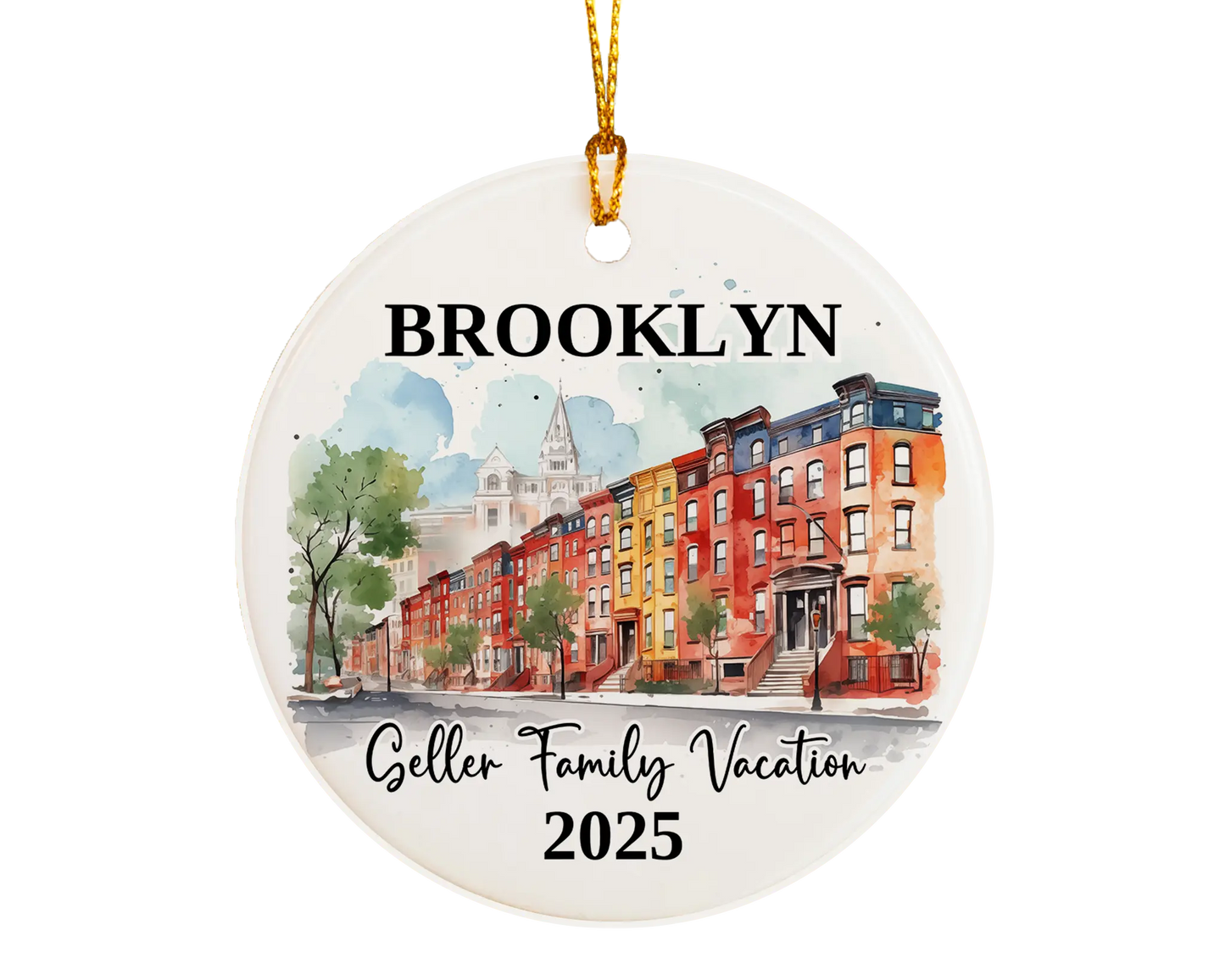 Custom vacation Brooklyn New York ceramic photo ornament with personalized message – handmade Christmas bauble, gift souvenir, or vacation keepsake. 