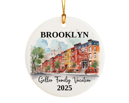 Custom vacation Brooklyn New York ceramic photo ornament with personalized message – handmade Christmas bauble, gift souvenir, or vacation keepsake. 