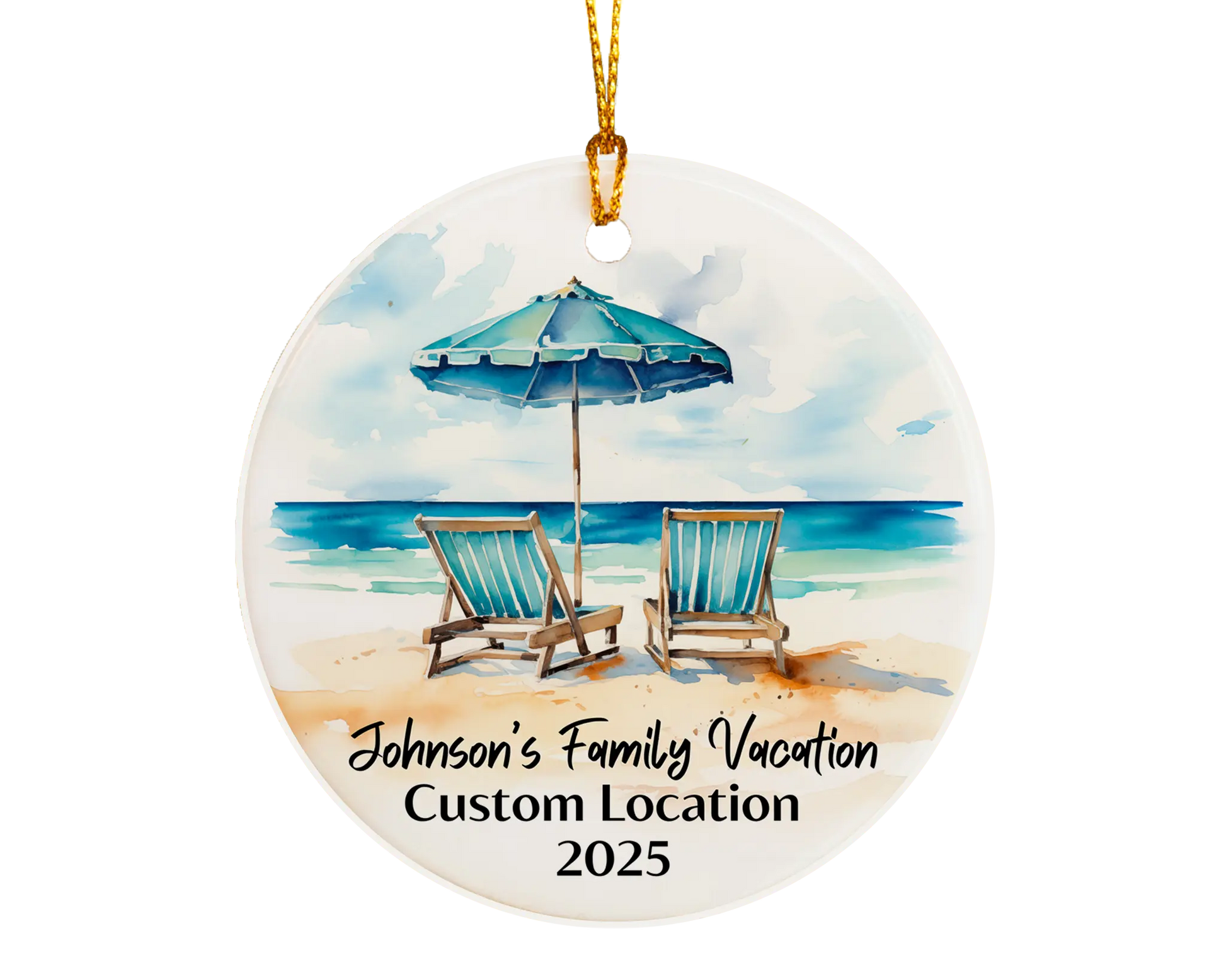 Custom vacation ceramic photo ornament with personalized message – handmade Christmas bauble, gift souvenir, or vacation keepsake. 