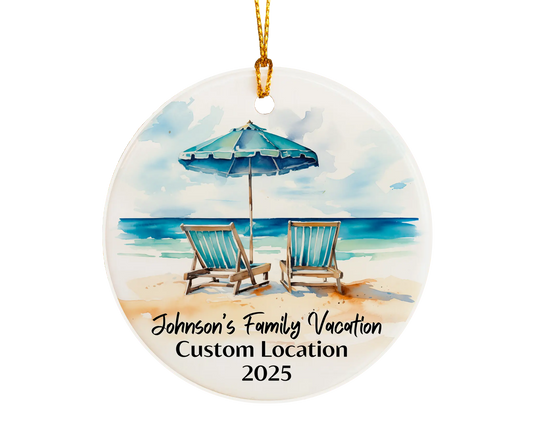Custom vacation ceramic photo ornament with personalized message – handmade Christmas bauble, gift souvenir, or vacation keepsake. 