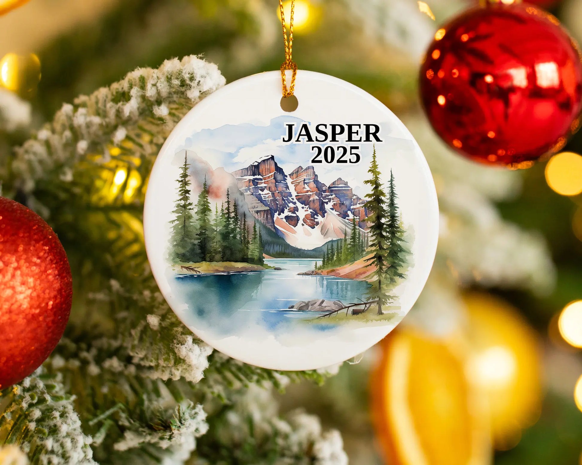Custom Jasper Alberta Canada ceramic photo ornament with personalized message – handmade Christmas bauble, gift souvenir, or vacation keepsake.  