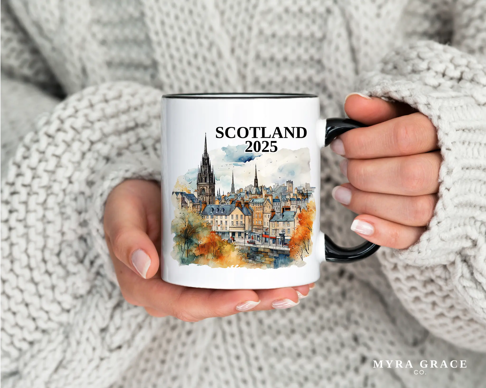Custom ceramic Edinburgh Scotland vacation mug with watercolor location design, date, and personal photo – personalized travel gift or photo mug.