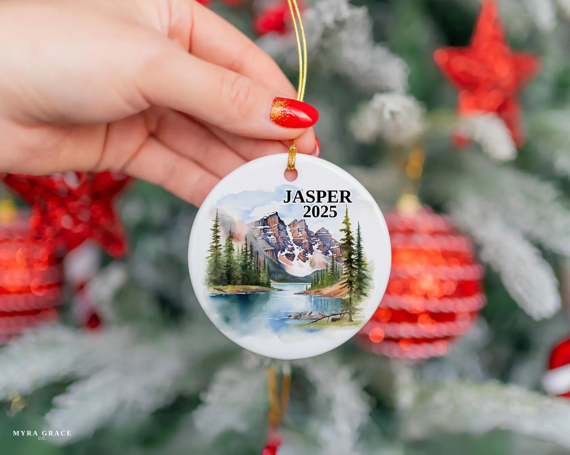 Custom Jasper Alberta Canada ceramic photo ornament with personalized message – handmade Christmas bauble, gift souvenir, or vacation keepsake.  