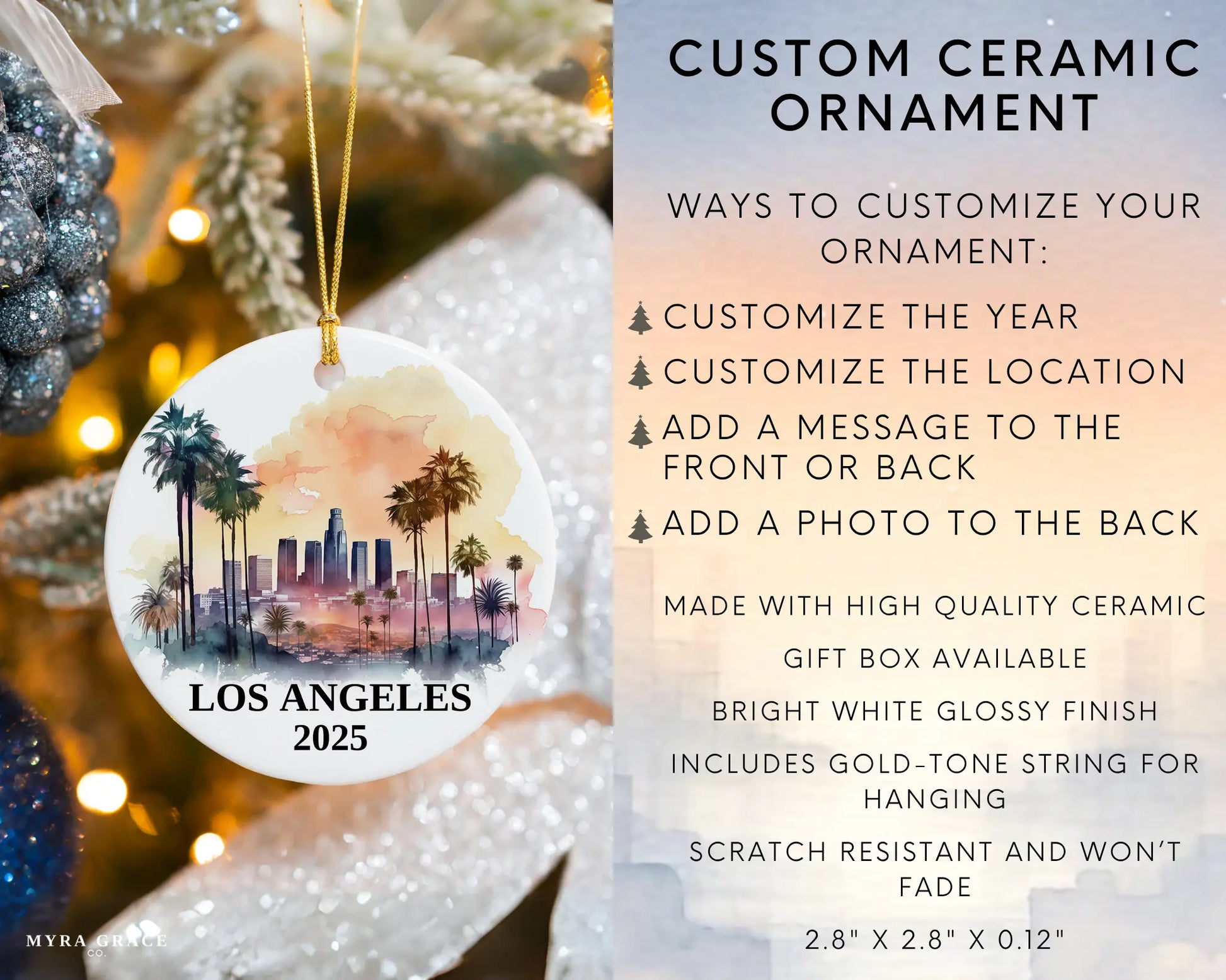 Custom Los Angeles California ceramic photo ornament with personalized message – handmade Christmas bauble, gift souvenir, or vacation keepsake.  Infographic