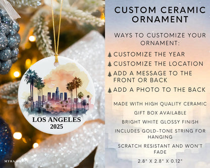 Custom Los Angeles California ceramic photo ornament with personalized message – handmade Christmas bauble, gift souvenir, or vacation keepsake.  Infographic