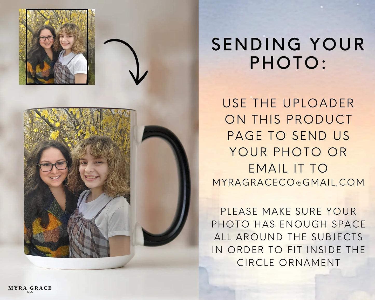 The image is a promotional poster for a product called "MYRA GRACE" that allows users to send their own photos to the company. The poster provides instructions on how to use the product, including sending the photo to the company via email.