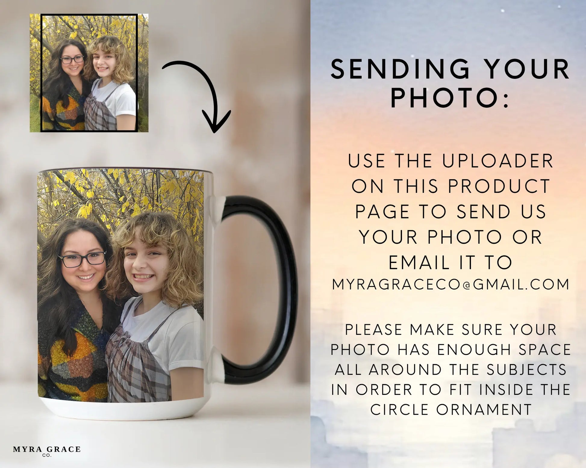The image is a promotional poster for a product called "MYRA GRACE" that allows users to send their own photos to the company. The poster provides instructions on how to use the product, including sending the photo to the company via email.