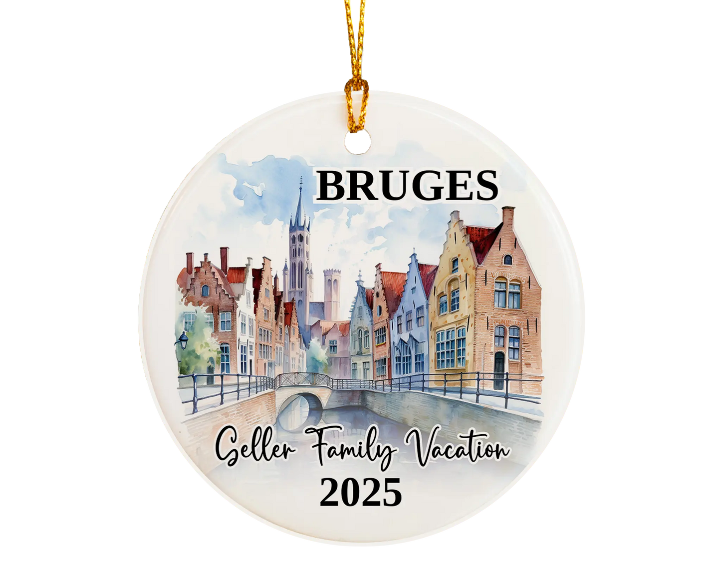 Custom vacation Bruges ceramic photo ornament with personalized message – handmade Christmas bauble, gift souvenir, or vacation keepsake. 