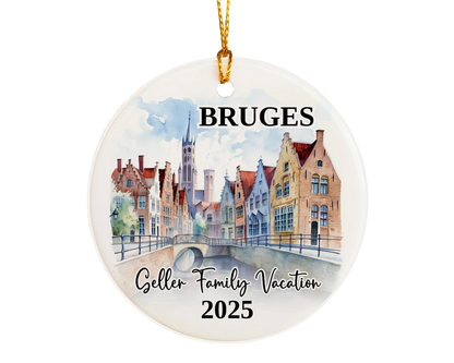 Custom vacation Bruges ceramic photo ornament with personalized message – handmade Christmas bauble, gift souvenir, or vacation keepsake. 