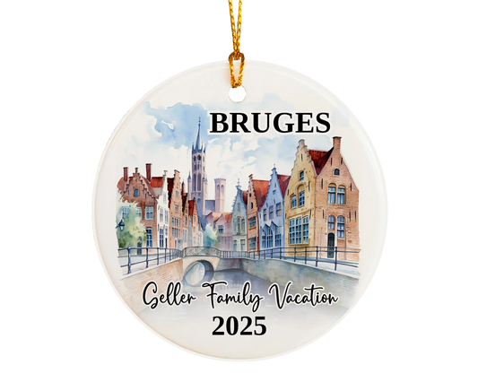 Custom vacation Bruges ceramic photo ornament with personalized message – handmade Christmas bauble, gift souvenir, or vacation keepsake. 