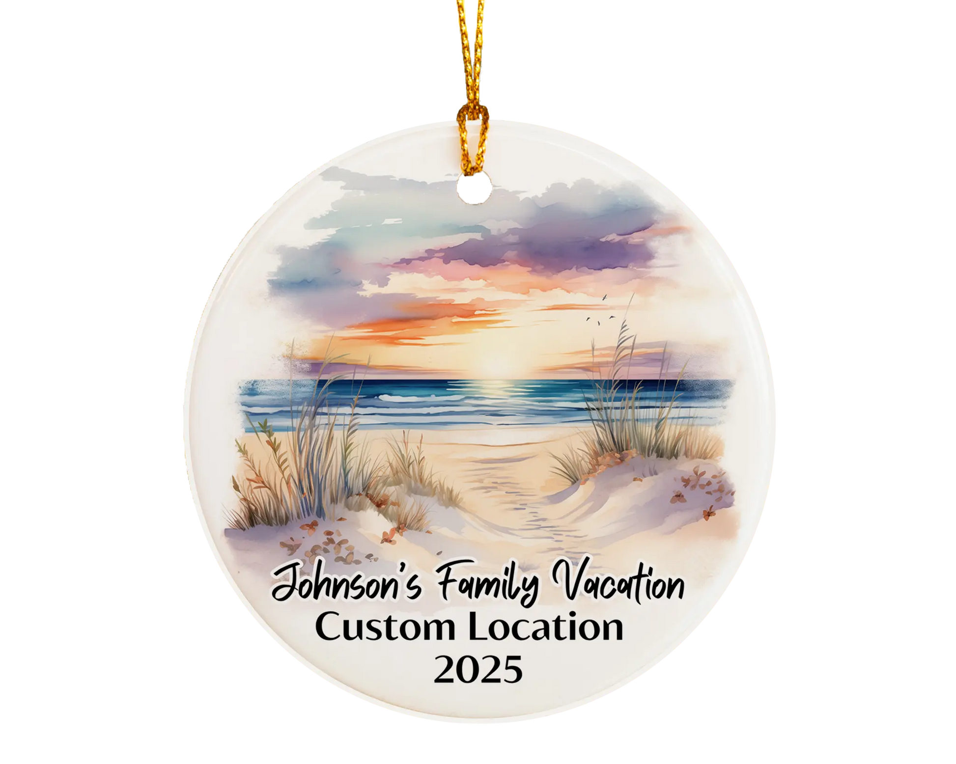 Custom vacation ceramic photo ornament with personalized message – handmade Christmas bauble, gift souvenir, or vacation keepsake. 
