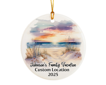 Custom vacation ceramic photo ornament with personalized message – handmade Christmas bauble, gift souvenir, or vacation keepsake. 