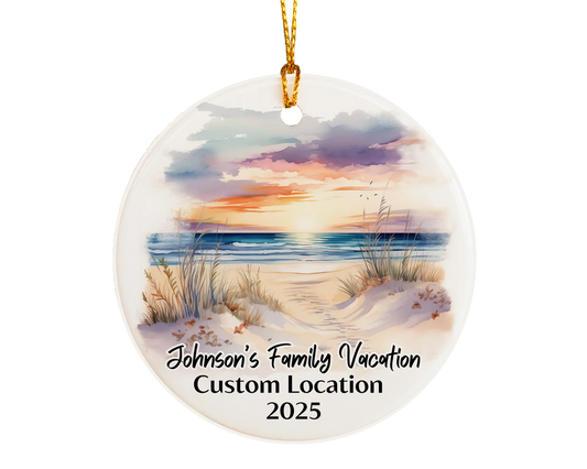 Custom vacation ceramic photo ornament with personalized message – handmade Christmas bauble, gift souvenir, or vacation keepsake. 