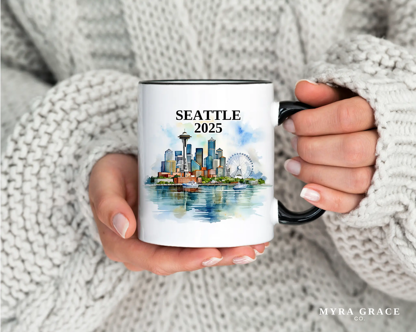 Custom ceramic Seattle vacation mug with watercolor location design, date, and personal photo – personalized travel gift or photo mug.