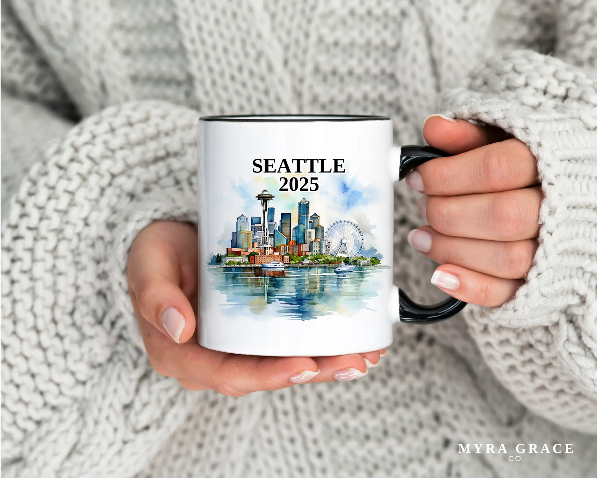 Custom ceramic Seattle vacation mug with watercolor location design, date, and personal photo – personalized travel gift or photo mug.