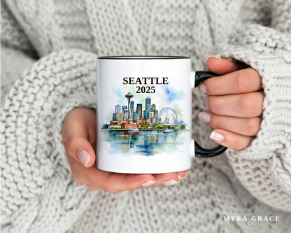 Custom ceramic Seattle vacation mug with watercolor location design, date, and personal photo – personalized travel gift or photo mug.
