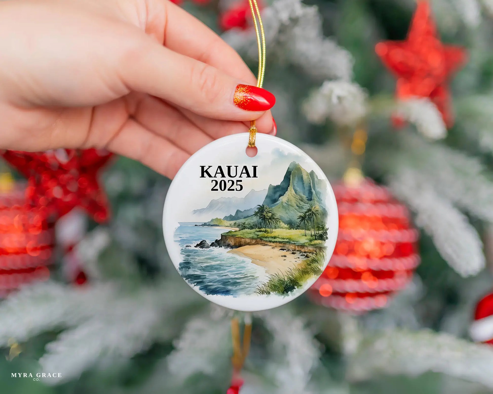 Custom Kauai Hawaii ceramic photo ornament with personalized message – handmade Christmas bauble, gift souvenir, or vacation keepsake.  