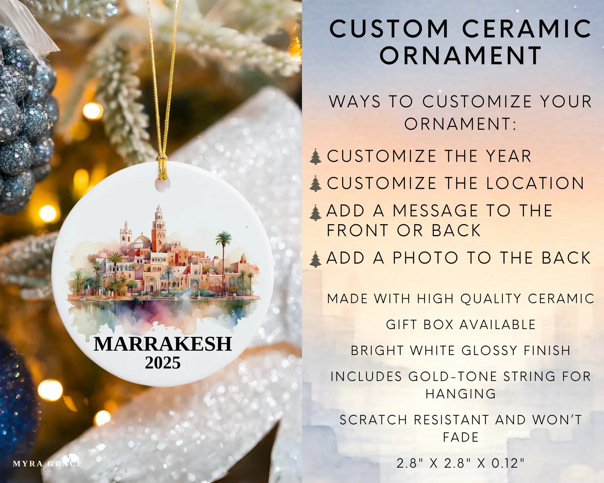 Custom Marrakesh Morocco ceramic photo ornament with personalized message – handmade Christmas bauble, gift souvenir, or vacation keepsake.  Infographic