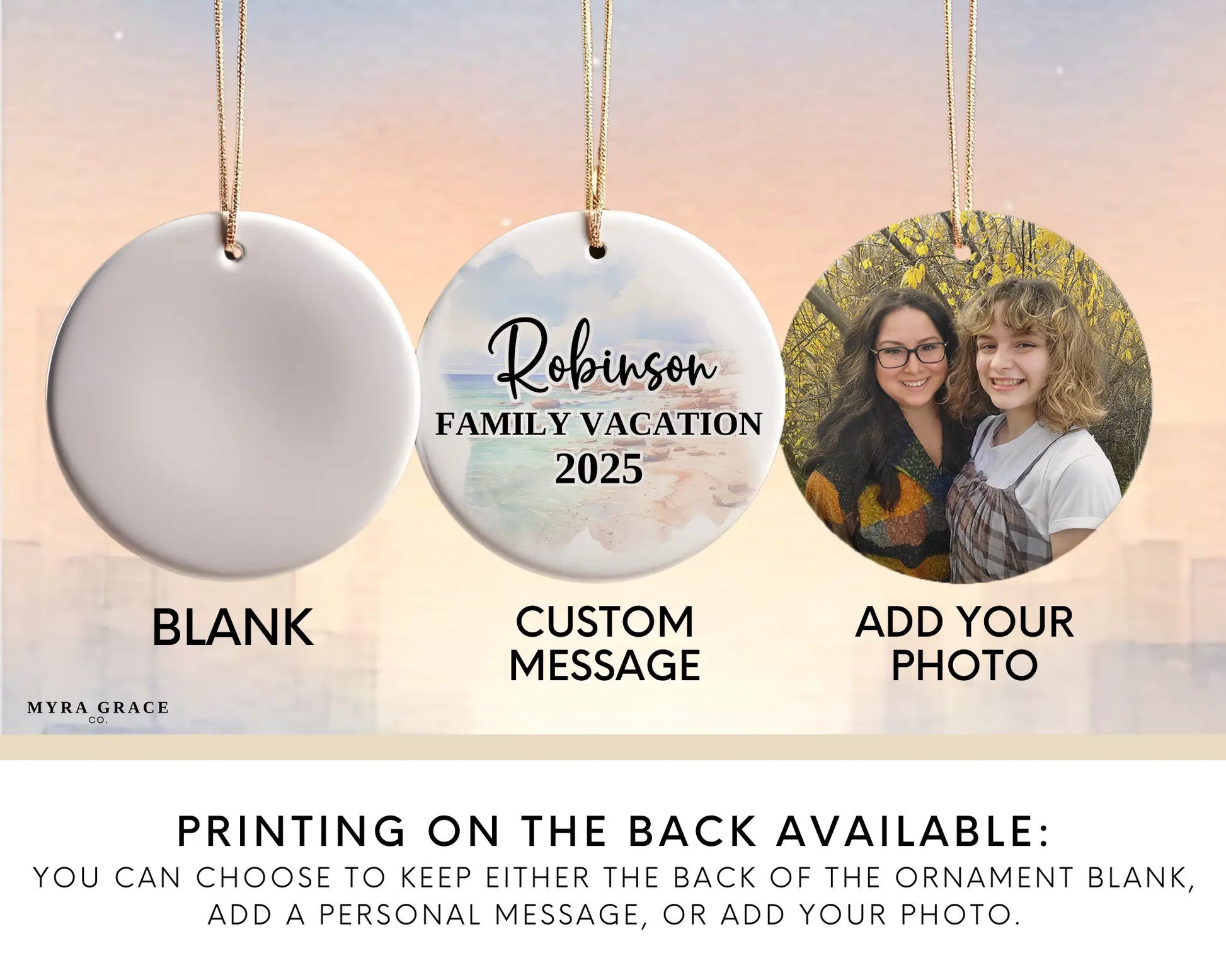 Custom California ceramic photo ornament with personalized message – handmade Christmas bauble, gift souvenir, or vacation keepsake.  add your photo