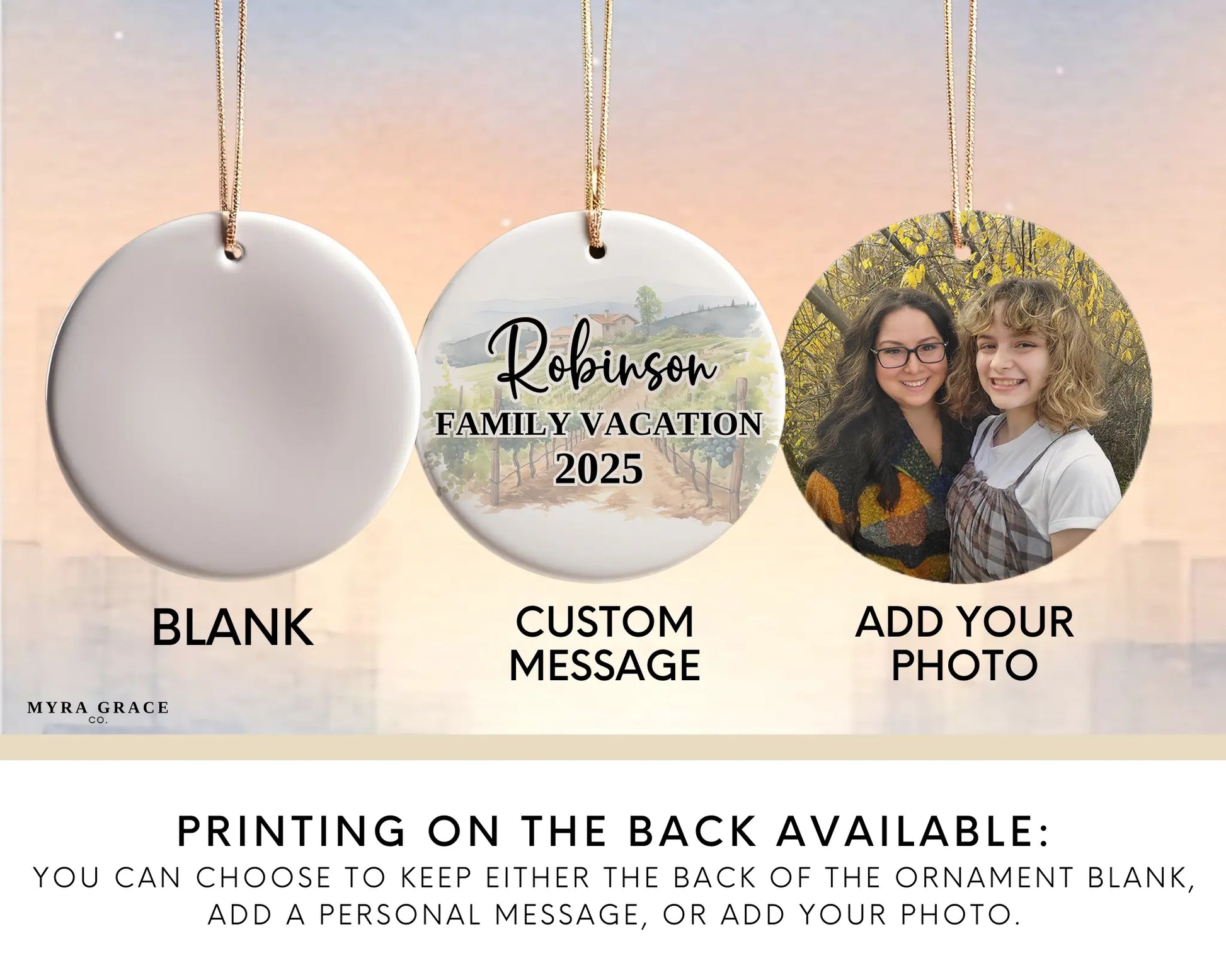 Custom California ceramic photo ornament with personalized message – handmade Christmas bauble, gift souvenir, or vacation keepsake.  add your photo