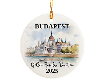 Custom vacation Budapest Hungary ceramic photo ornament with personalized message – handmade Christmas bauble, gift souvenir, or vacation keepsake. 