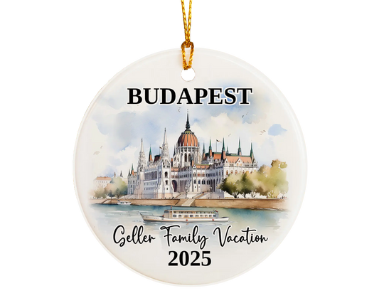 Custom vacation Budapest Hungary ceramic photo ornament with personalized message – handmade Christmas bauble, gift souvenir, or vacation keepsake. 