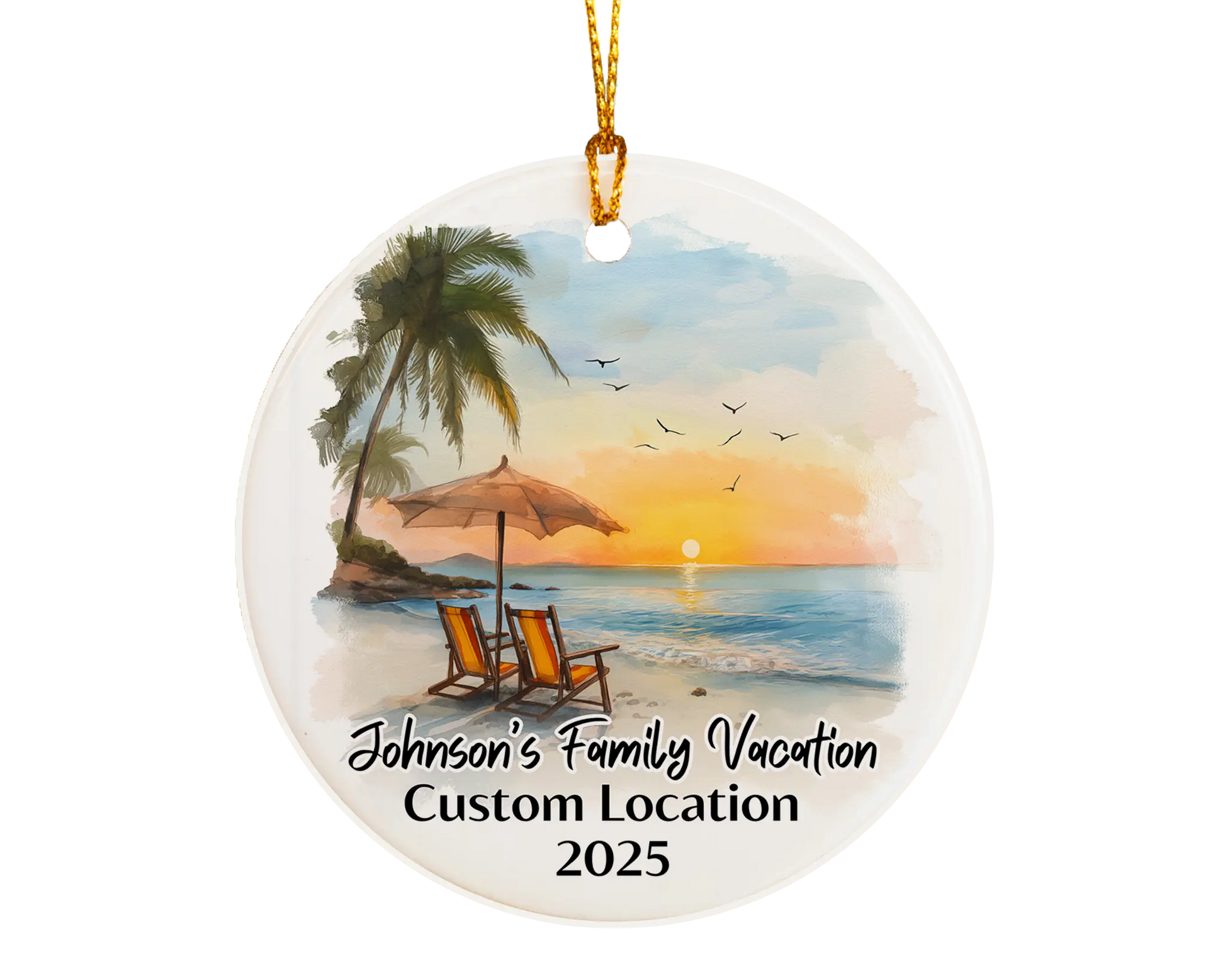 Custom vacation ceramic photo ornament with personalized message – handmade Christmas bauble, gift souvenir, or vacation keepsake. 