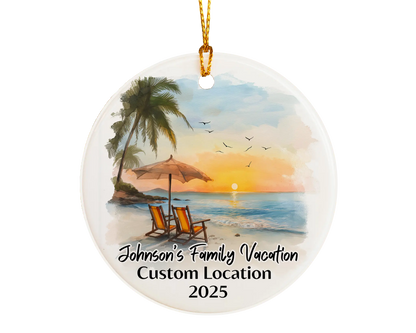 Custom vacation ceramic photo ornament with personalized message – handmade Christmas bauble, gift souvenir, or vacation keepsake. 