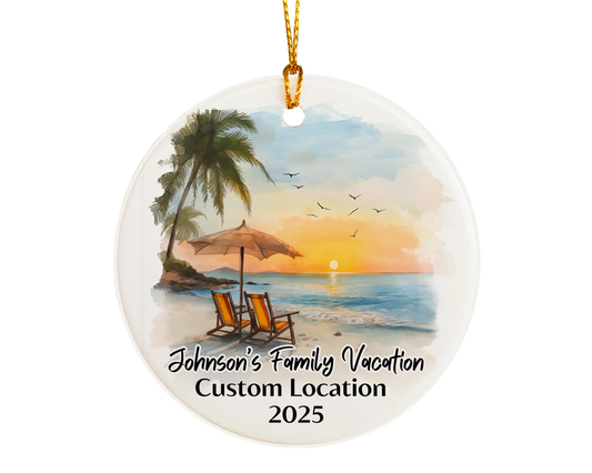 Custom vacation ceramic photo ornament with personalized message – handmade Christmas bauble, gift souvenir, or vacation keepsake. 