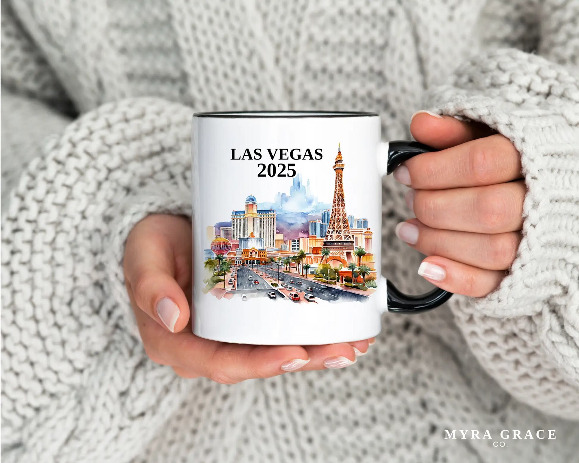 Custom ceramic Las Vegas vacation mug with watercolor location design, date, and personal photo – personalized travel gift or photo mug. 