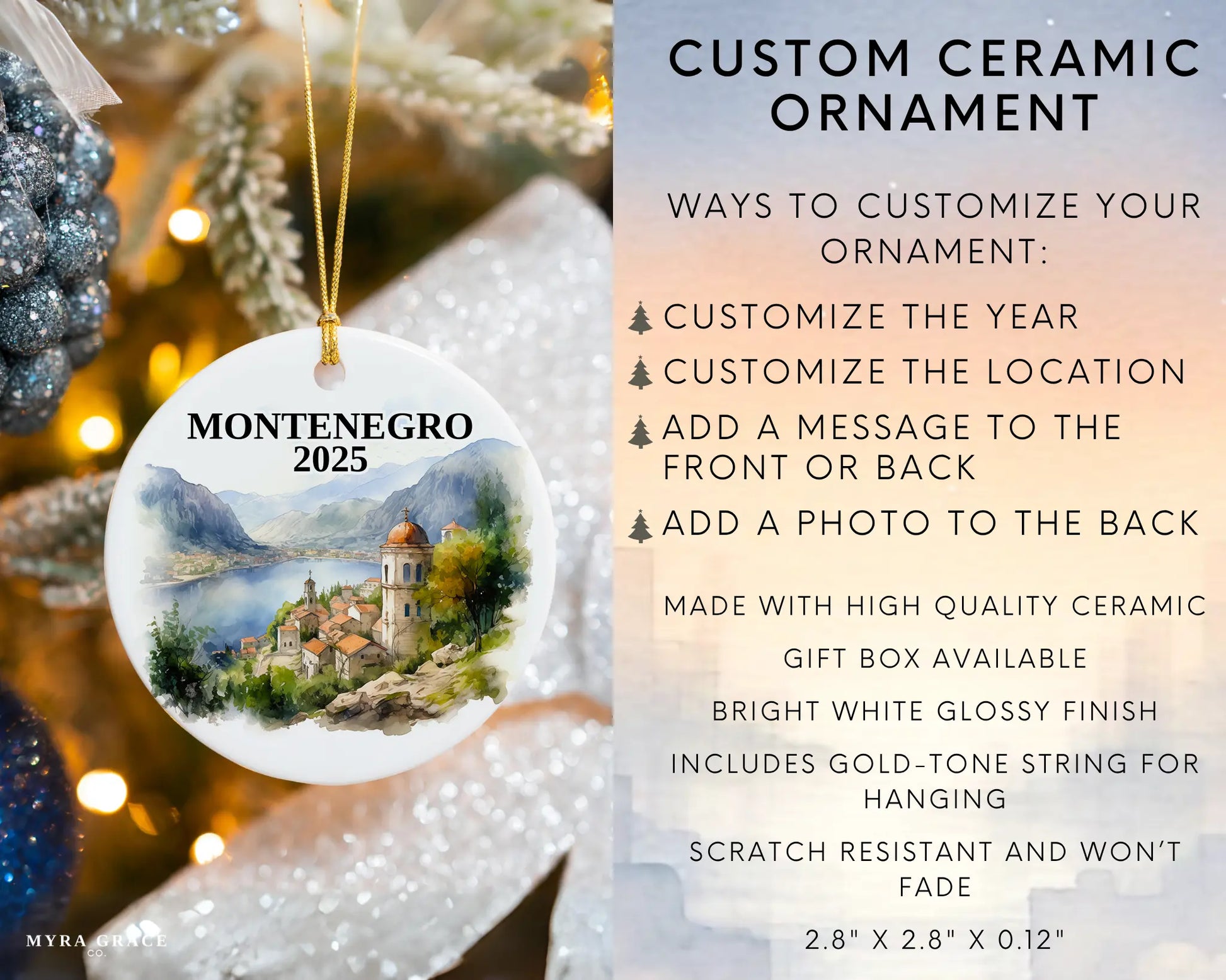 Custom Montenegro ceramic photo ornament with personalized message – handmade Christmas bauble, gift souvenir, or vacation keepsake.  Infographic