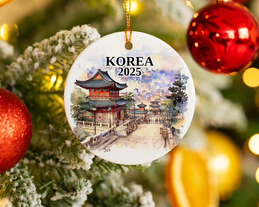 Custom Korea ceramic photo ornament with personalized message – handmade Christmas bauble, gift souvenir, or vacation keepsake.  