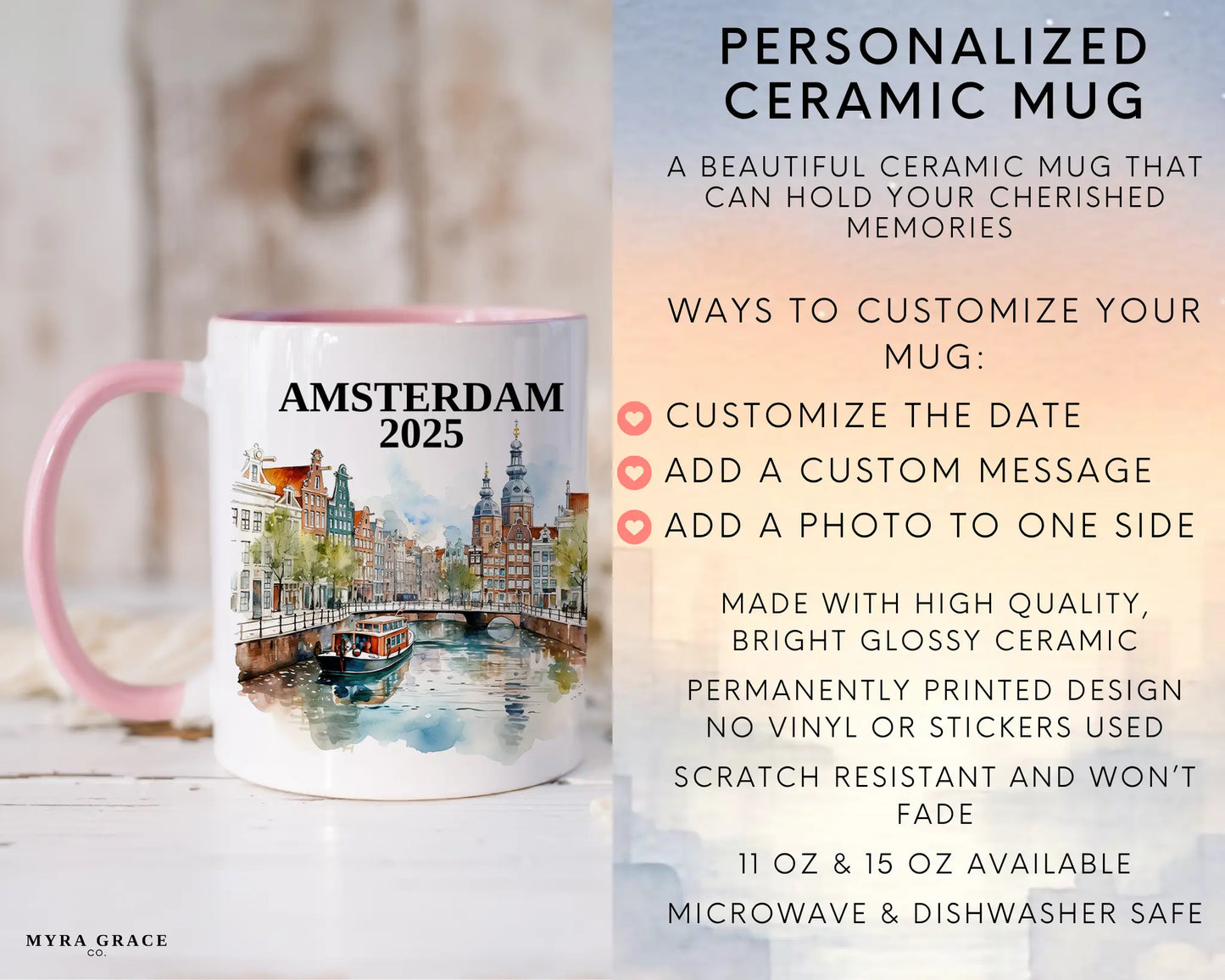 Custom ceramic Amsterdam vacation mug with watercolor location design, date, and personal photo – personalized travel gift or photo mug. Infographic