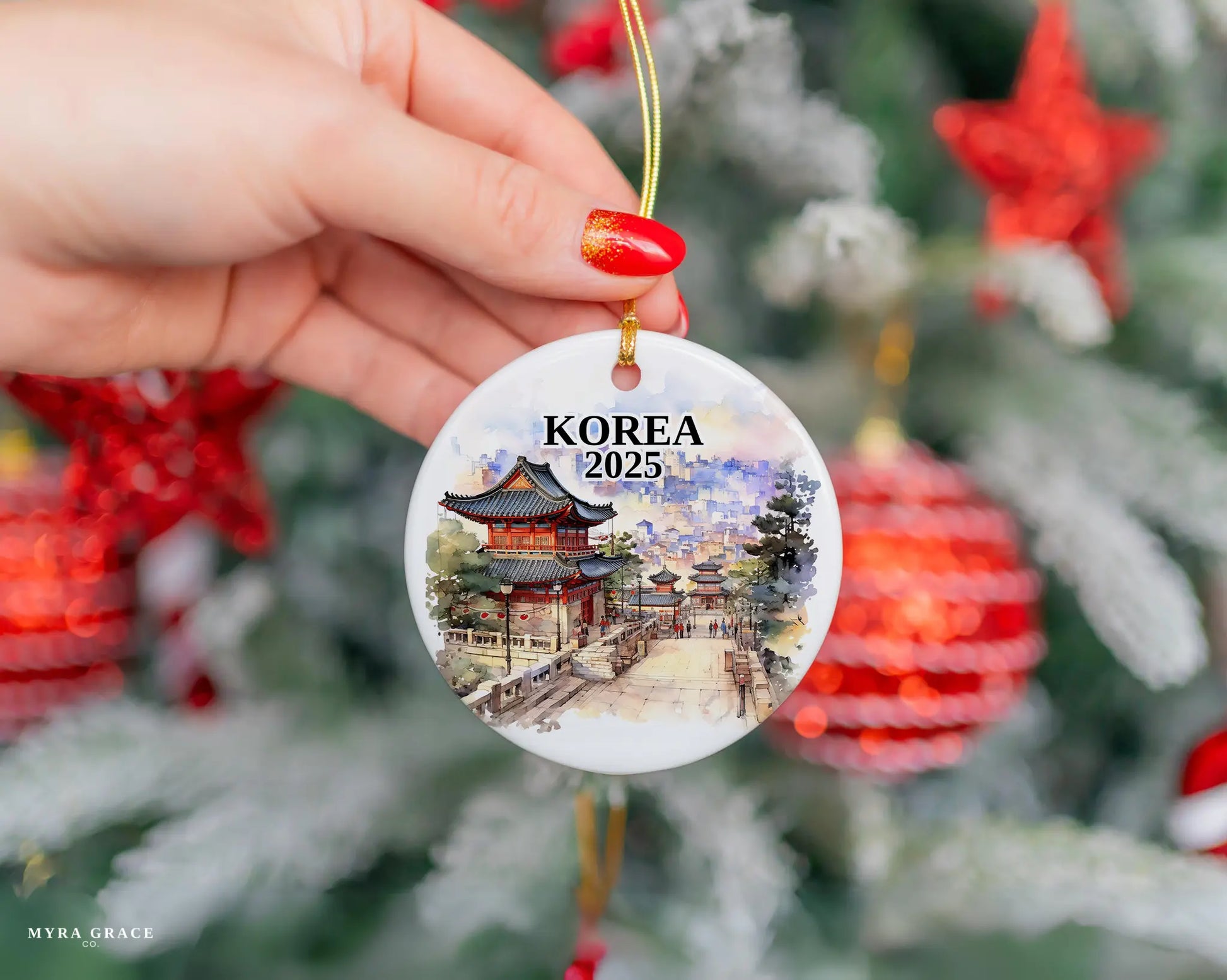 Custom Korea ceramic photo ornament with personalized message – handmade Christmas bauble, gift souvenir, or vacation keepsake.  