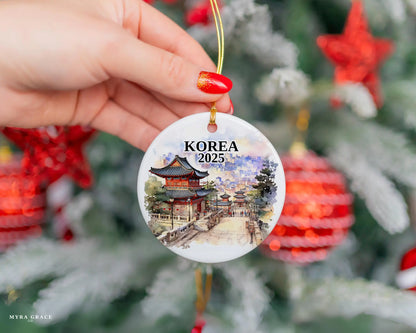 Custom Korea ceramic photo ornament with personalized message – handmade Christmas bauble, gift souvenir, or vacation keepsake.  