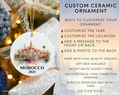 Custom Morocco ceramic photo ornament with personalized message – handmade Christmas bauble, gift souvenir, or vacation keepsake.  Infographic