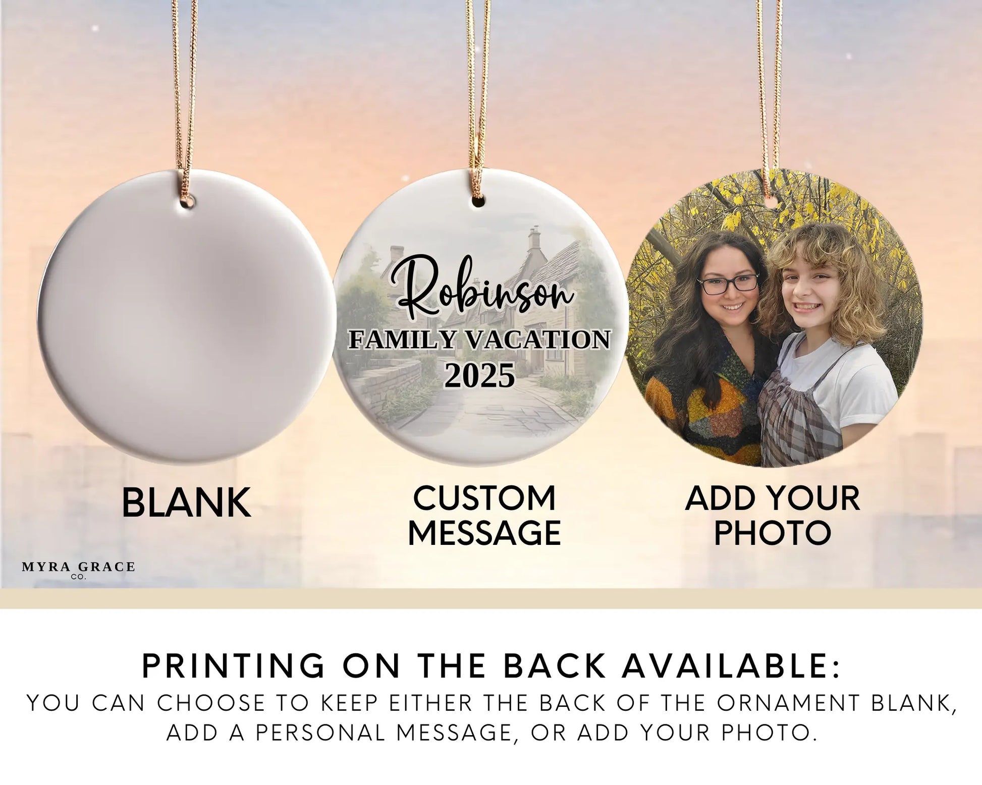 Custom Cotswolds England ceramic photo ornament with personalized message – handmade Christmas bauble, gift souvenir, or vacation keepsake.  Add your photo
