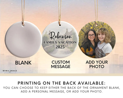Custom Cotswolds England ceramic photo ornament with personalized message – handmade Christmas bauble, gift souvenir, or vacation keepsake.  Add your photo
